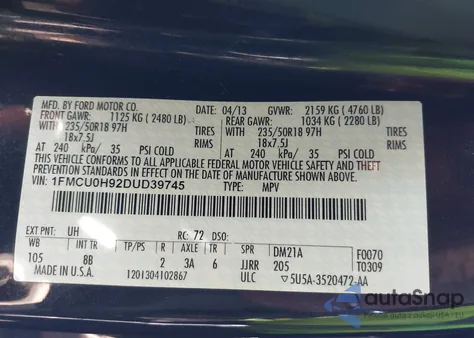 2013 Ford Escape Sel from USA, damaged, VIN 1FMCU0H92DUD39745